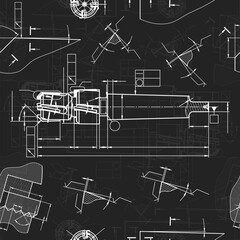 Mechanical engineering drawings on black background. Tap tools, borer. Technical Design. Cover. Blueprint. Seamless pattern. Vector illustration.