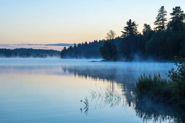 Fototapeta premium A serene blue mist rising from a calm lake at dawn, tranquility, landscape