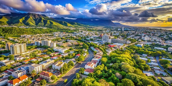 La R&eacute;union's Saint-Denis: Aerial panorama reveals a dramatic landscape.