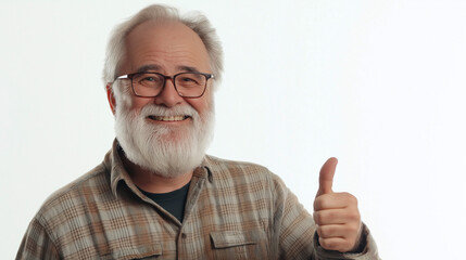 Smiling Grandfather on the right side of the screen on an isolated background points his thumb to the side
