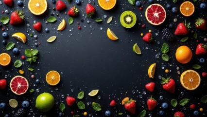 A dark background with vibrant, fresh fruit such as oranges, strawberries, and grapes, glistening with water droplets. The image captures the fruits' textures in high detail