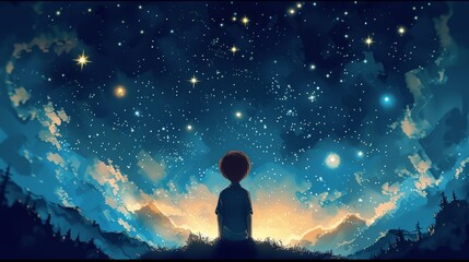 Obraz premium illustration of a boy looking at night starry sky, Generative AI