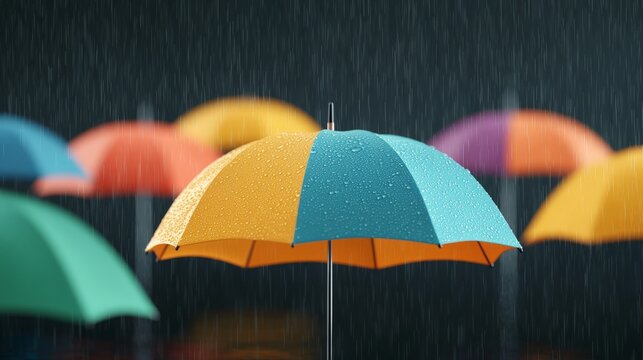Colorful umbrellas in rain, focus on one, showcasing protection and diversity.