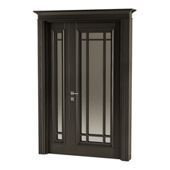 A black door with a glass panel in the middle