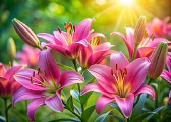 Fototapeta premium Stunning Pink Lilies in Full Bloom Against a Soft Green Background Illuminated by the Warm Glow of Sunrise in a Beautiful Garden Setting