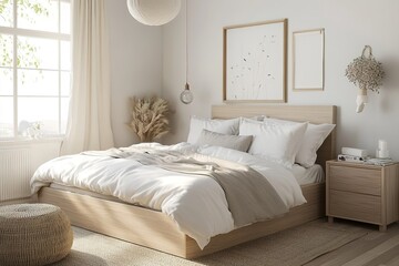 Sunny cozy bedroom interior with wooden furniture