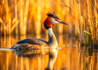 Elegant Great Crested Grebe Swimming Gracefully in the Golden Waters of Schleswig-Holstein, Captivating Nature and Wildlife Photography