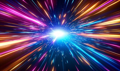 Light speed, hyperspace, space warp background. colorful streaks of light gathering towards the event horizon, Generative AI