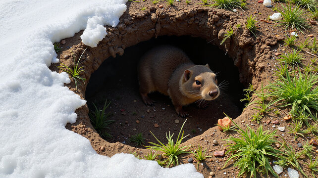 Curious gundi emerging from snow-covered burrow in winter habitat
