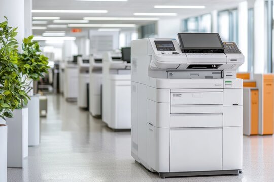 A modern office space featuring multiple printers and copiers, with a clean, bright design and greenery to enhance the environment.
