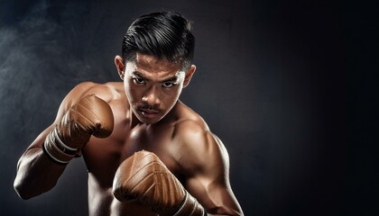 Obraz premium A portrait of a Muay Thai fighter; a mixed martial artist in practice and training; lean and muscular boxer or fighter posing in the studio with lighting; sports photography; boxer with boxing gloves
