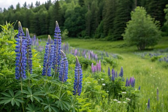 Blue lupine blooms against lush green backdrop, lupines, eglinton river valley, serene landscape, foliage, natural beauty