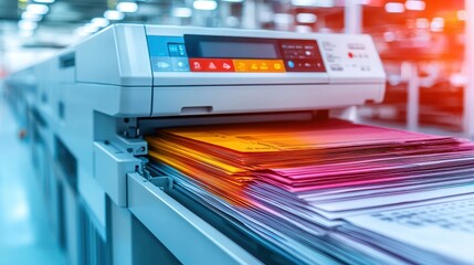 A modern printing machine with colorful sheets, showcasing a high-tech printing environment and vibrant paper stacks.