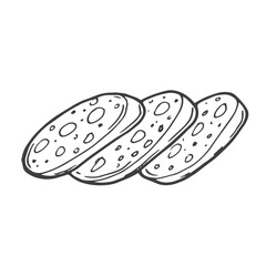 Sausage slices line icon. Hand drawn retro salami, mortadella or chorizo rings with meat and lard. Delicatessen food, butchers shop mascot, outline pile of sausage pieces icon vector illustration