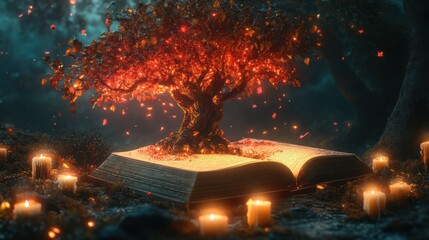 Fototapeta premium A glowing tree sprouts from an open book surrounded by candles in a dark forest.