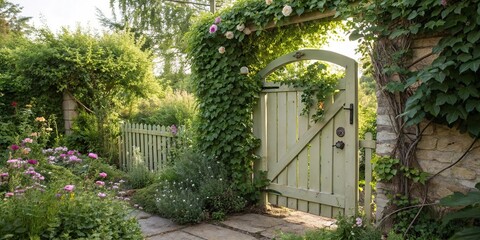 Obraz premium close-up of a garden gate with lush greenery and vines, nature, landscape photography, garden design, garden gate