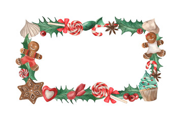 A rectangular wreath decorated with Christmas sweets. Cupcakes, gingerbread, candy, lollipop, meringue, holly, berries, anise are handmade in watercolor. The illustration is made in red, brown, green