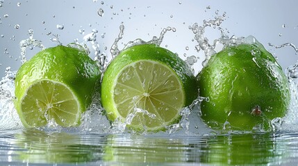 Three limes splashing in water, showcasing freshness and vitality.