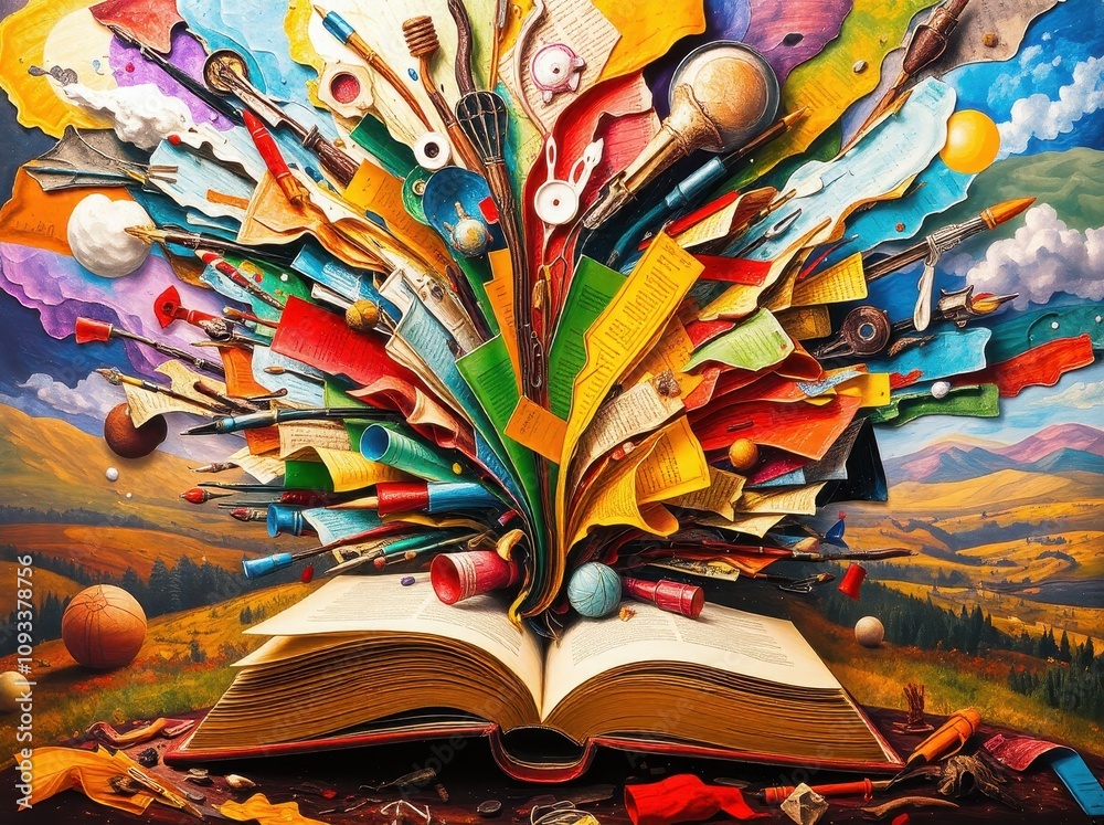 Wall mural a symbolic book unfolds into a surreal landscape. its pages transform into trees paths and stars sym