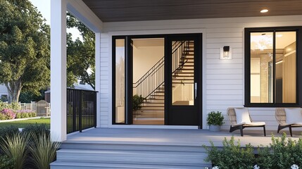 Modern farmhouse entrance with sleek glass doors revealing an elegant staircase, white siding, and a welcoming porch adorned with potted plants and outdoor seating.