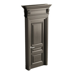 A large wooden door with a silver handle and a silver knob