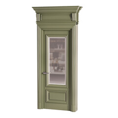 A green door with a mirror on it