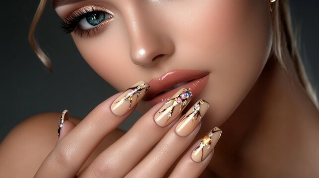 Glamorous close-up of a woman's face with striking blue eyes, flawless skin, and ornate nail art featuring delicate floral designs on long, almond-shaped nails.