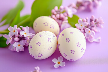 Fototapeta premium Easter background in lilac tones, Design, banner, website lilac flowers