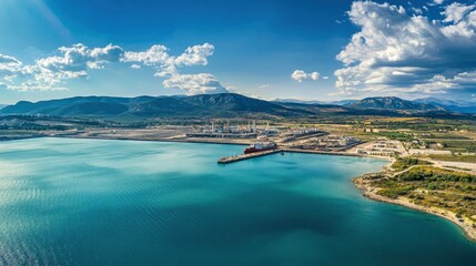 Aerial panoramic photo of industrial shipyard of Perama and Drapetsona cargo Terminal near Salamina island, Attica, Greece with generative ai
