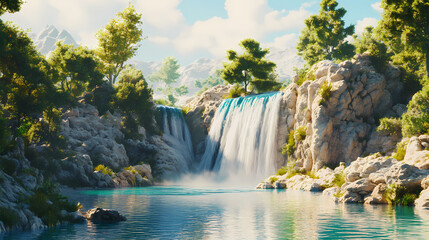 Obraz premium Majestic waterfall cascading into a serene lake, 3d illustration. Majestic Waterfall Oasis. Illustration