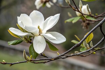 Delicate white magnolia flower with soft petals, elegant bloom, magnolia blossom, , garden blooms