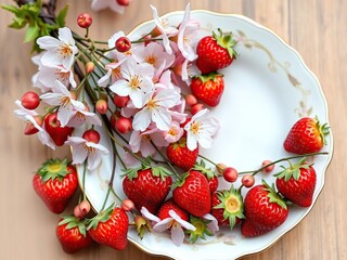 Delicate wild cherry blossoms and plump ripe strawberries intertwined on a delicate china plate, creating a beautiful floral arrangement, ornate details, antique style