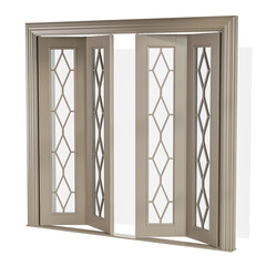 A window with a gold frame and diamond shaped glass