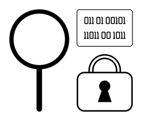 Magnifying glass, binary code, and lock symbolizing data analysis, cybersecurity, privacy, and encryption. Ideal for security, technology, IT coding data protection research and digital safety