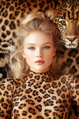 A woman in leopard-print bodysuit posing nearby a real leopard 