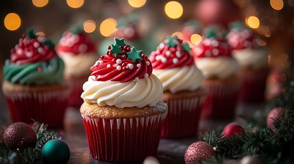 Rows of cupcakes with bright red and green toppers styled with tinsel and glowing warm holiday light