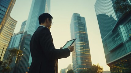 Digital marketing, data exchange, and global business converge in this image of a businessman using a digital tablet in a smart cityscape. It showcases the integration of technology