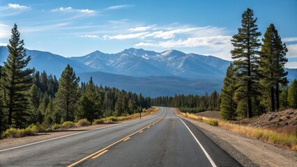 Fototapeta premium Empty stretch of asphalt road running parallel to a mountain range with a clear blue sky above and pine trees in the foreground, peaceful scene, road to nowhere, scenic beauty, natural landscape