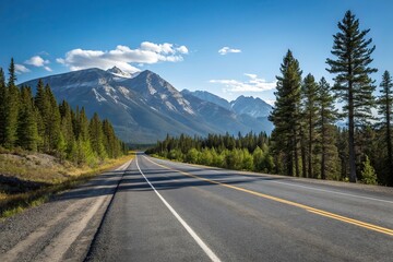 Empty stretch of asphalt road running parallel to a mountain range with a clear blue sky above and pine trees in the foreground, natural landscape, asphalt road, empty highway
