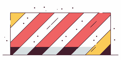 A rectangular shape is adorned with alternating diagonal stripes in red, white, and yellow. Small dots are scattered around the shape, adding a decorative touch. AI generated.