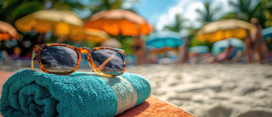 sunbed with rolled up towel and sunglasses, set against vibrant beach scene. colorful umbrellas and palm trees create relaxing atmosphere