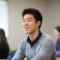 Young asian male student learning in school. Boy in the classroom  