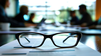 Close up photo of pair of glasses resting on document in meeting room, symbolizing focus and clarity in discussions