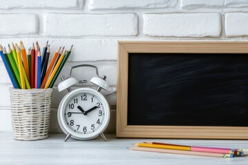 Against the backdrop of a light brick wall, there is a table with a white alarm clock, pencils and a blackboard. with generative ai