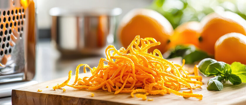 Close up of orange zest on wooden cutting board with fresh oranges in background, showcasing vibrant colors and textures. Perfect for culinary themes