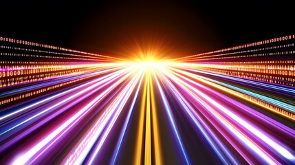 Binary Streams: A vibrant digital art depicting cascading lines of code converging towards a radiant light, symbolizing rapid data flow and technological advancement.