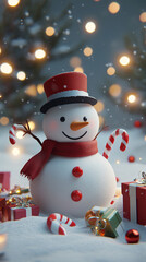 Obraz premium Merry christmas and happy new year greeting card with copy-space.Happy snowman standing in christmas landscape.Snow background.Winter fairytale. 