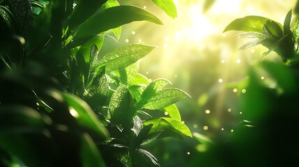 Obraz premium Lush green leaves illuminated by sunlight, creating a serene and vibrant atmosphere.