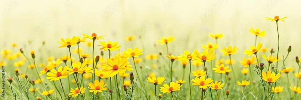 Wall mural hand-painted watercolor of a field of yellow cosmos flowers on a sunny meadow, field, watercolor, na
