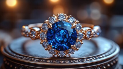 Fototapeta premium A stunning blue gemstone ring surrounded by sparkling diamonds on an elegant display.
